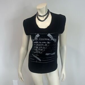 Stylish Black Graphic Tee with Silver and lace Accents❤️S